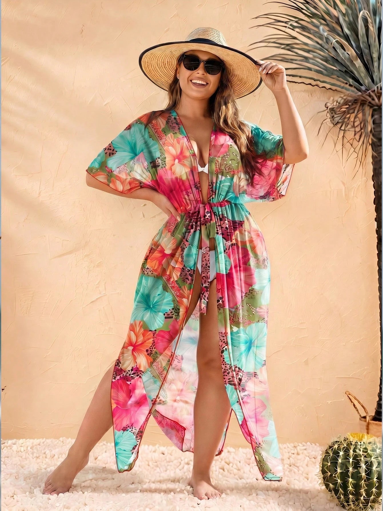 Women's Colorful Floral Print Beach Cover-Up With Tie Waist Vacation Summer