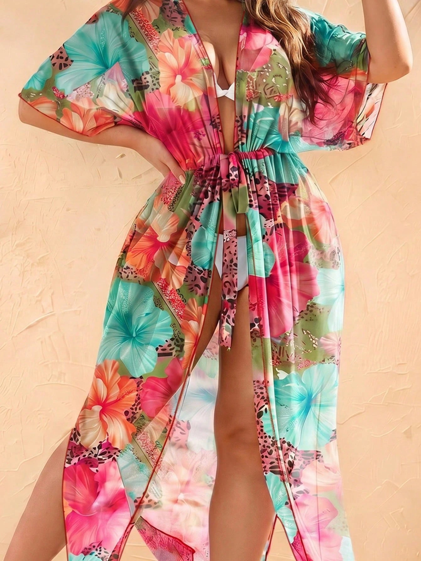 Women's Colorful Floral Print Beach Cover-Up With Tie Waist Vacation Summer