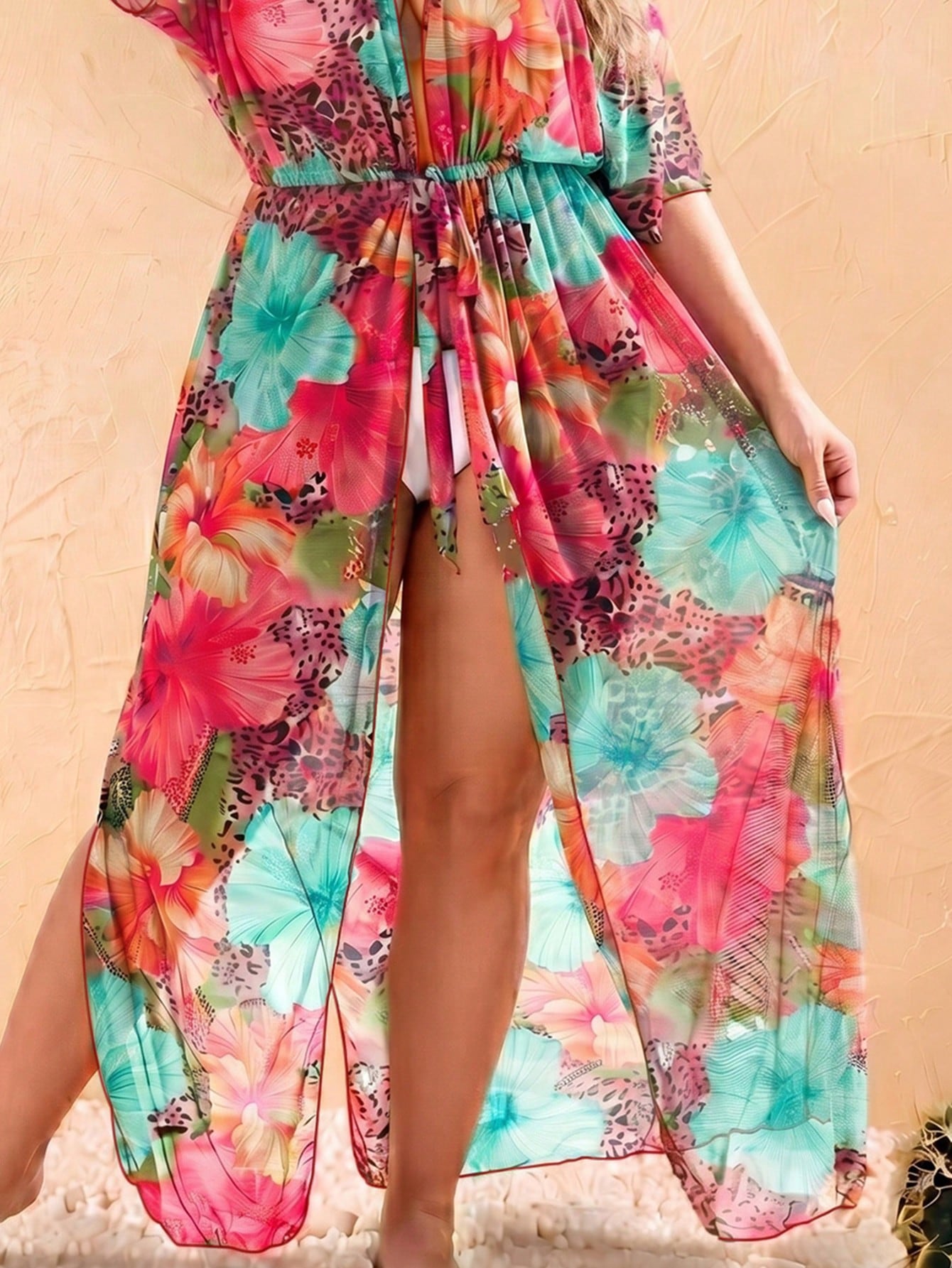 Women's Colorful Floral Print Beach Cover-Up With Tie Waist Vacation Summer