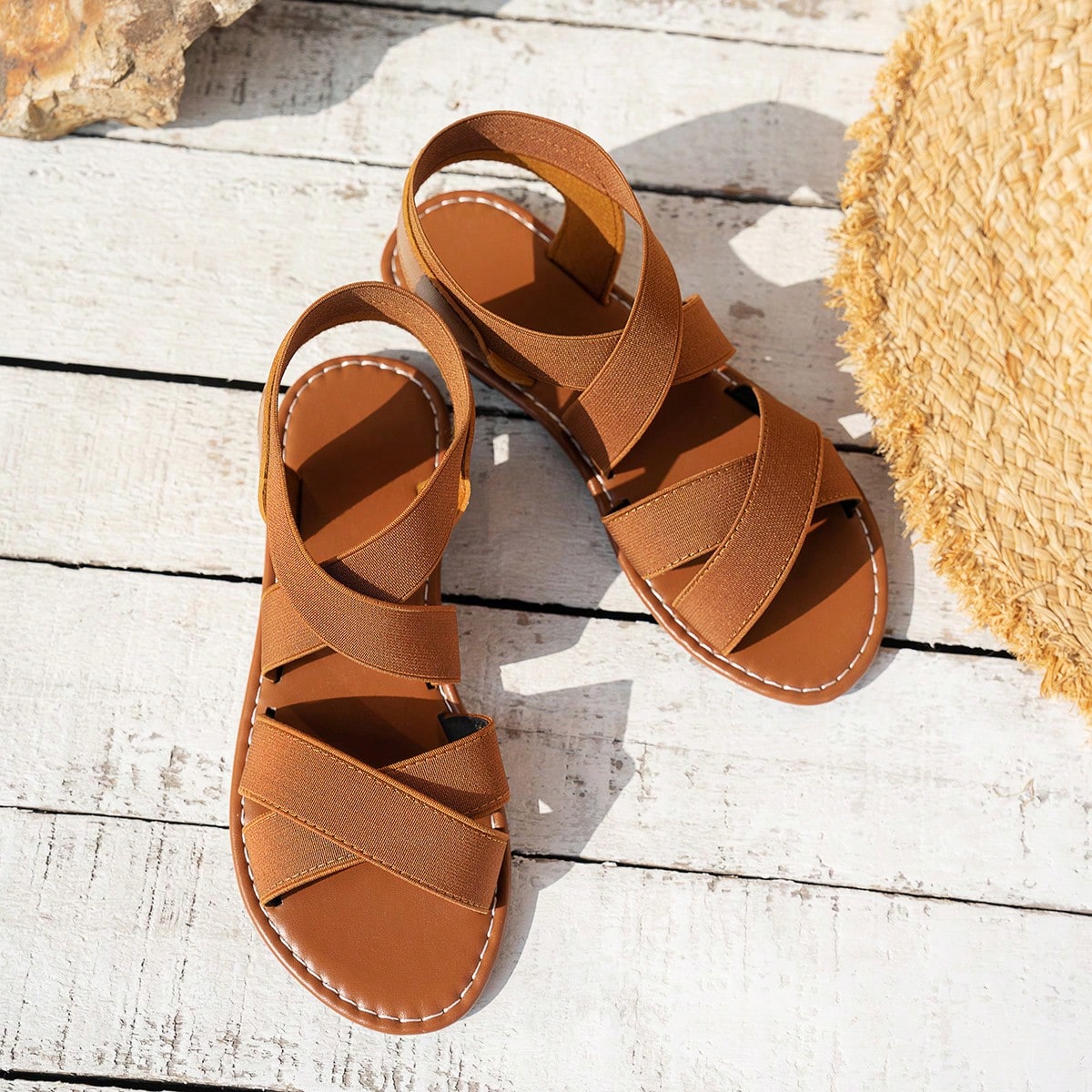 Women's Cross Elastic Strap Flat Sandals, Wide Fit, Solid Color, Comfortable, Minimalist, Outdoor, Beach, Party