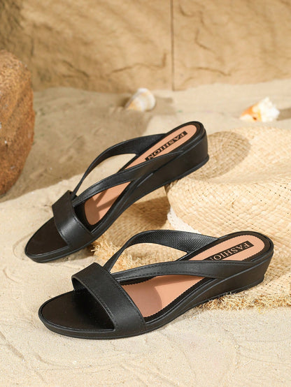 Women's Cross Strap Chunky Heel Platform Sandals, Casual & Fashionable, Perfect For Spring And Summer, Elegant Black Color