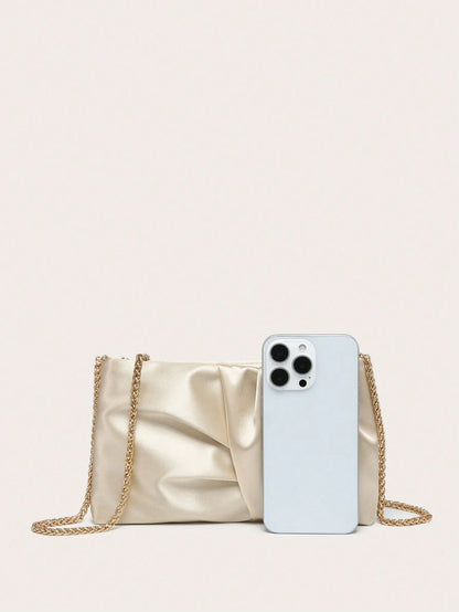 Women's Crossbody Bag, Square Bag, Wrinkled Silk Satin Texture, Wrinkled Touch, Lightweight And Fashionable, Metal Chain, Suitable For Evening Outings, Parties And Shopping.