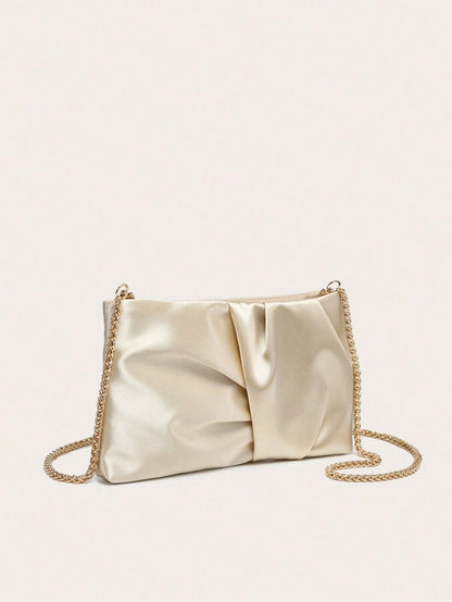 Women's Crossbody Bag, Square Bag, Wrinkled Silk Satin Texture, Wrinkled Touch, Lightweight And Fashionable, Metal Chain, Suitable For Evening Outings, Parties And Shopping.
