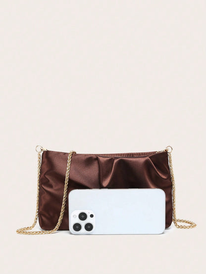 Women's Crossbody Bag, Square Bag, Wrinkled Silk Satin Texture, Wrinkled Touch, Lightweight And Fashionable, Metal Chain, Suitable For Evening Outings, Parties And Shopping.