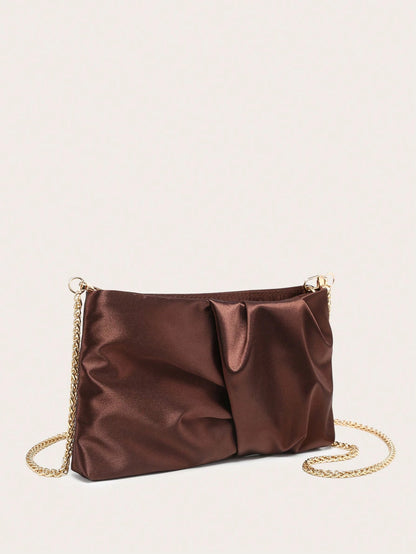 Women's Crossbody Bag, Square Bag, Wrinkled Silk Satin Texture, Wrinkled Touch, Lightweight And Fashionable, Metal Chain, Suitable For Evening Outings, Parties And Shopping.