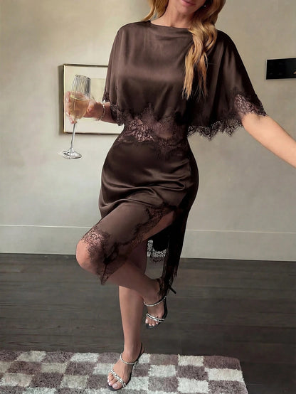 Women's Elegant Black Lace Satin Mini Dress| Asymmetric Hemline Slit Shawl Collar- Perfect For Parties, Cocktail Events, Spring And Summer Wear, Quiet Luxury