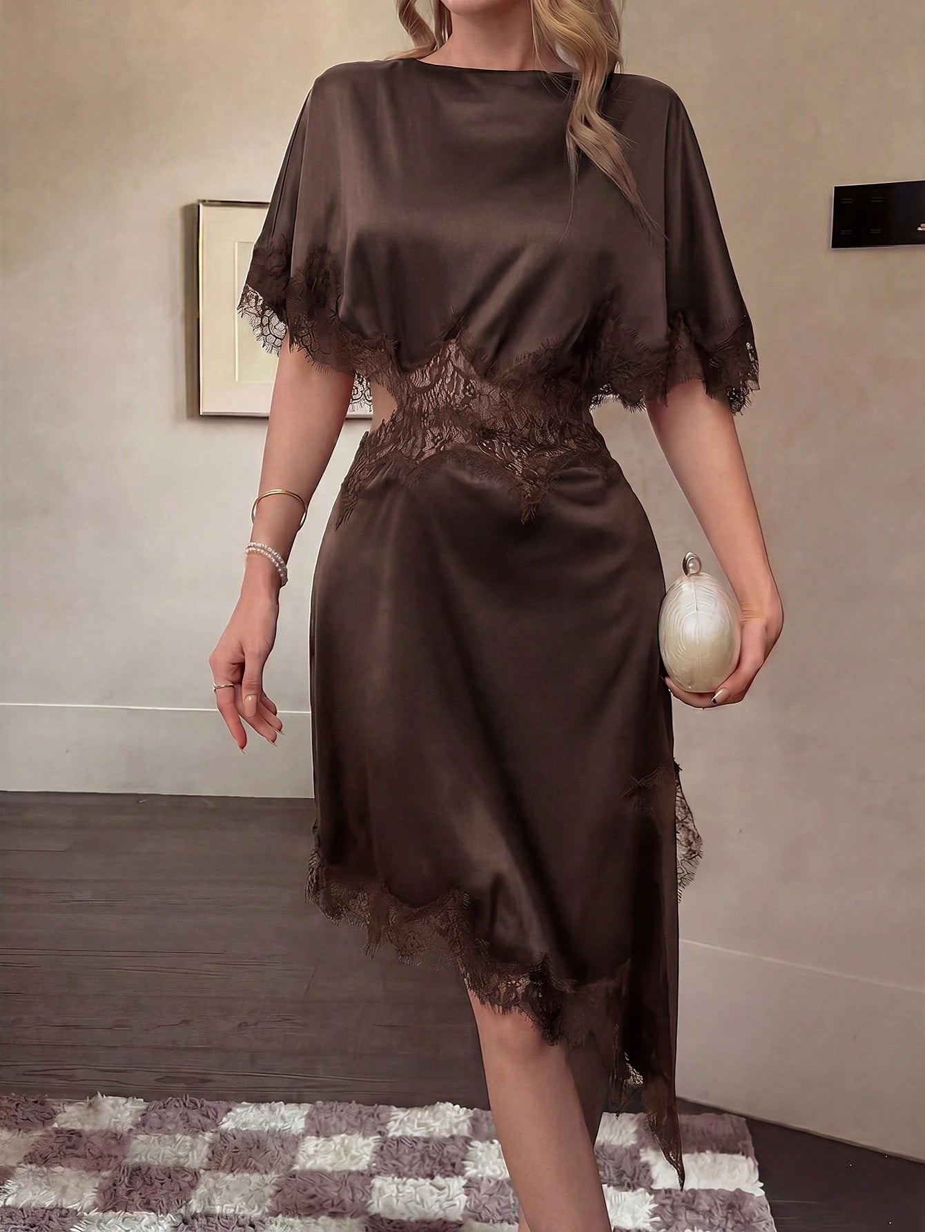Women's Elegant Black Lace Satin Mini Dress| Asymmetric Hemline Slit Shawl Collar- Perfect For Parties, Cocktail Events, Spring And Summer Wear, Quiet Luxury