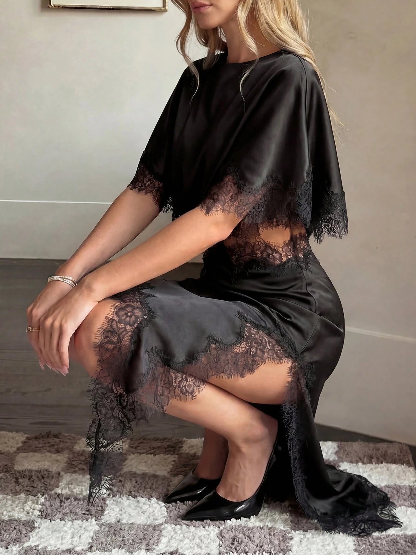 Women's Elegant Black Lace Satin Mini Dress| Asymmetric Hemline Slit Shawl Collar- Perfect For Parties, Cocktail Events, Spring And Summer Wear, Quiet Luxury