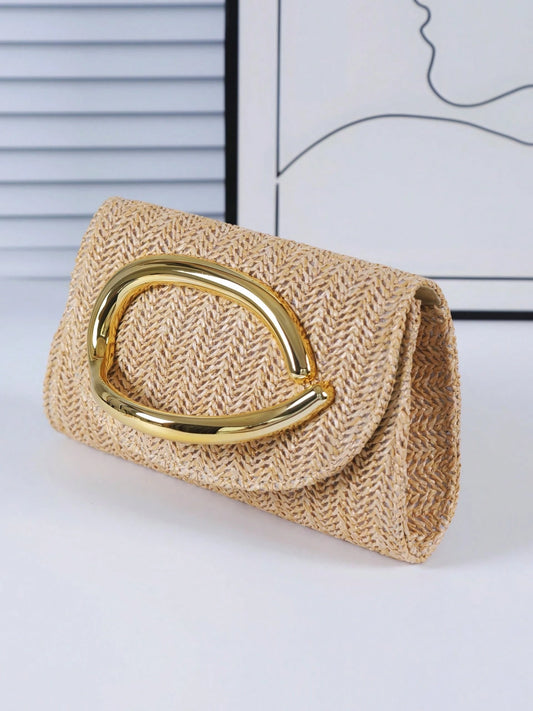 Women's Elegant Clutch, Khaki Straw Woven Casual Handbag, Fashion Evening Bag, Suitable For Holidays, Beach, Business Commute, Casual, Minimalist Style, Vacation Occasions