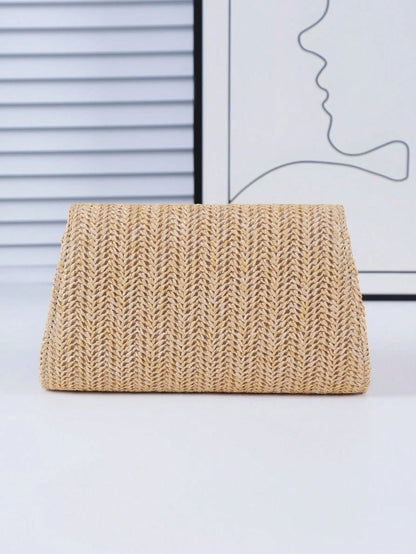 Women's Elegant Clutch, Khaki Straw Woven Casual Handbag, Fashion Evening Bag, Suitable For Holidays, Beach, Business Commute, Casual, Minimalist Style, Vacation Occasions