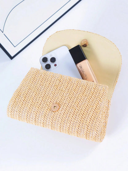 Women's Elegant Clutch, Khaki Straw Woven Casual Handbag, Fashion Evening Bag, Suitable For Holidays, Beach, Business Commute, Casual, Minimalist Style, Vacation Occasions