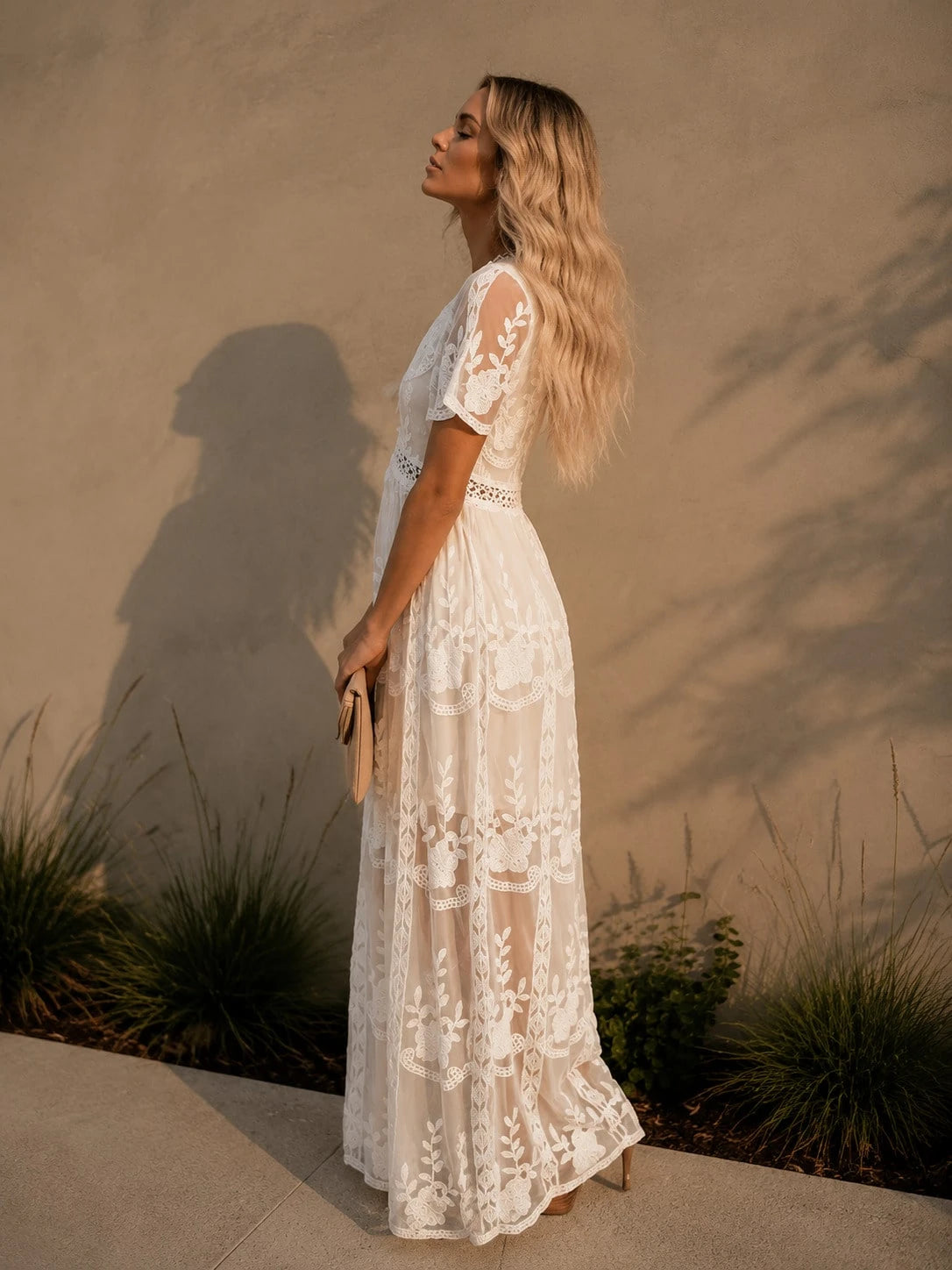 Women's Elegant Lace Chiffon Maxi Dress, V Neck Short Sleeve Solid Color Boho Summer Dress, Hollow Out Waist A-Line Flowy Beach Vacation Party Dress