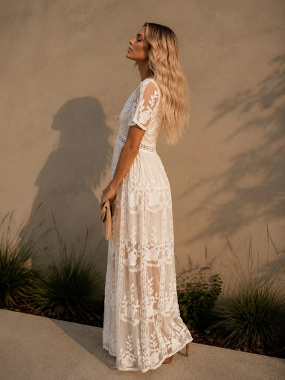 Women's Elegant Lace Chiffon Maxi Dress, V Neck Short Sleeve Solid Color Boho Summer Dress, Hollow Out Waist A-Line Flowy Beach Vacation Party Dress