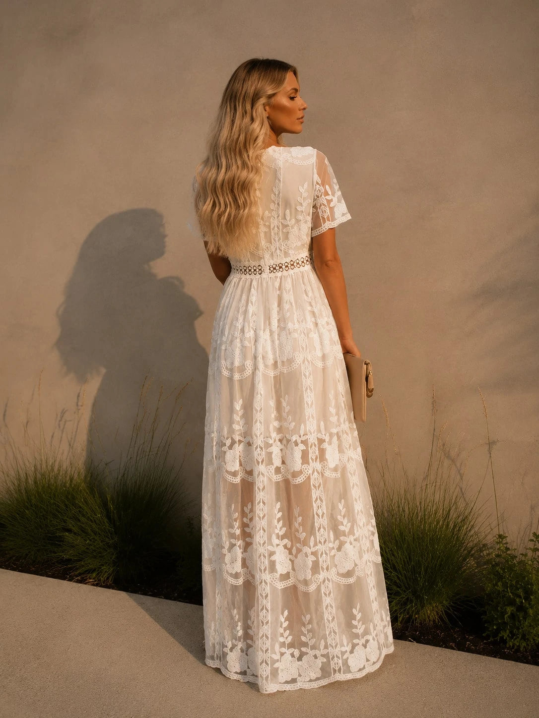 Women's Elegant Lace Chiffon Maxi Dress, V Neck Short Sleeve Solid Color Boho Summer Dress, Hollow Out Waist A-Line Flowy Beach Vacation Party Dress
