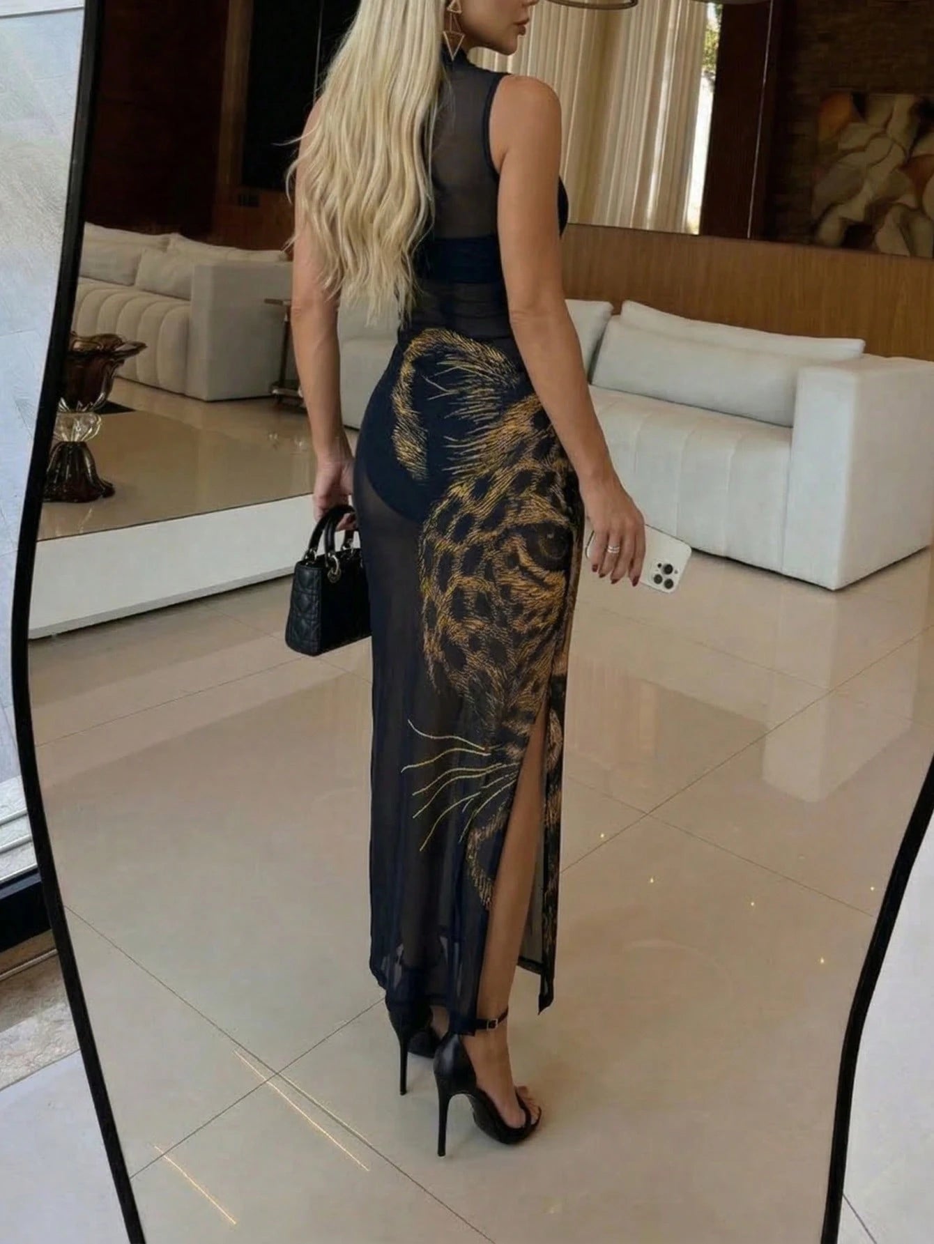 Women's Elegant Leopard Print Maxi Dress- Black Sheer Mesh Mock Neck Sleeveless High Slit Bodycon Long Dress, Summer, Night Out