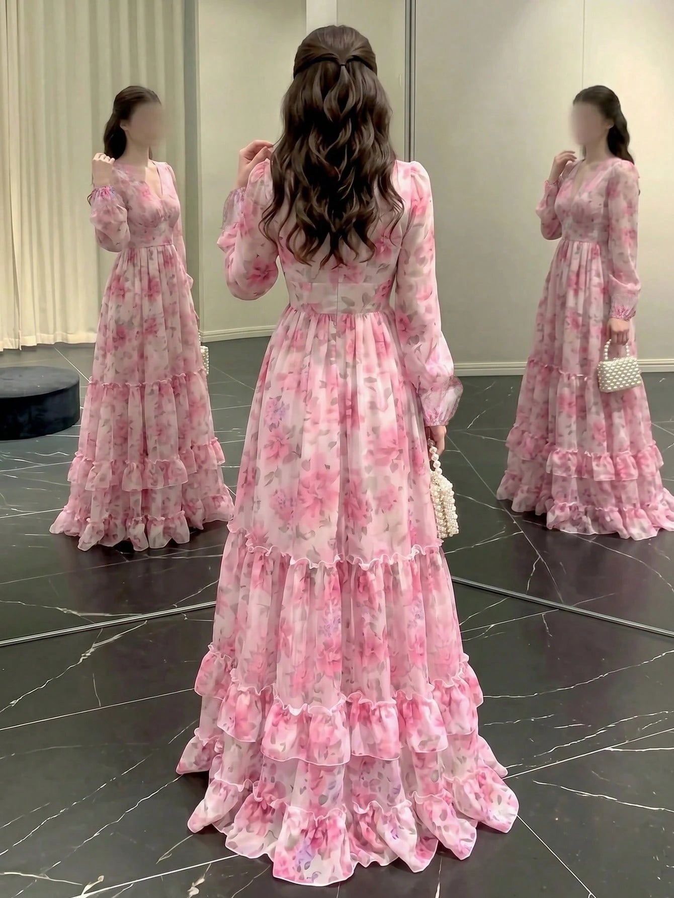 Women's Elegant New V-Neck Modern Romantic Ruffle Layered Floral Print Dress, All-Over Floral Print, Elegant Bohemian Tie Waist Wedding Guest Dress Vacation Pink, Aesthetic