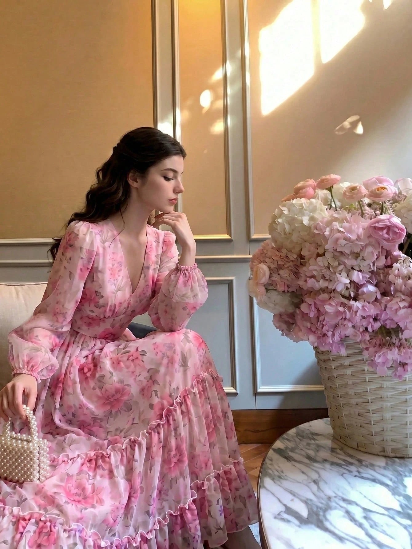 Women's Elegant New V-Neck Modern Romantic Ruffle Layered Floral Print Dress, All-Over Floral Print, Elegant Bohemian Tie Waist Wedding Guest Dress Vacation Pink, Aesthetic
