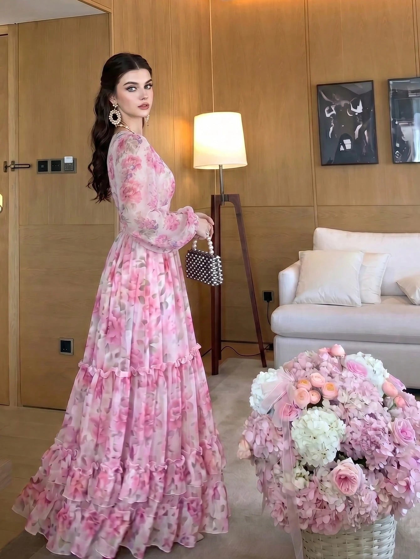 Women's Elegant New V-Neck Modern Romantic Ruffle Layered Floral Print Dress, All-Over Floral Print, Elegant Bohemian Tie Waist Wedding Guest Dress Vacation Pink, Aesthetic