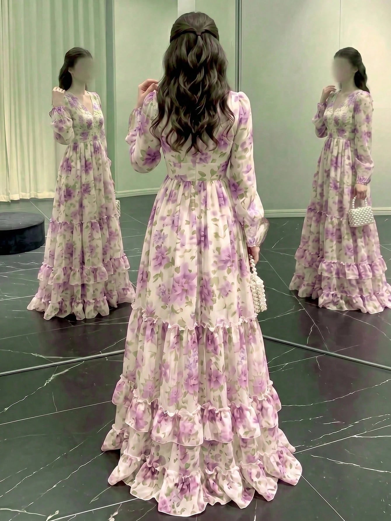 Women's Elegant New V-Neck Modern Romantic Ruffle Layered Floral Print Dress, All-Over Floral Print, Elegant Bohemian Tie Waist Wedding Guest Dress Vacation Pink, Aesthetic