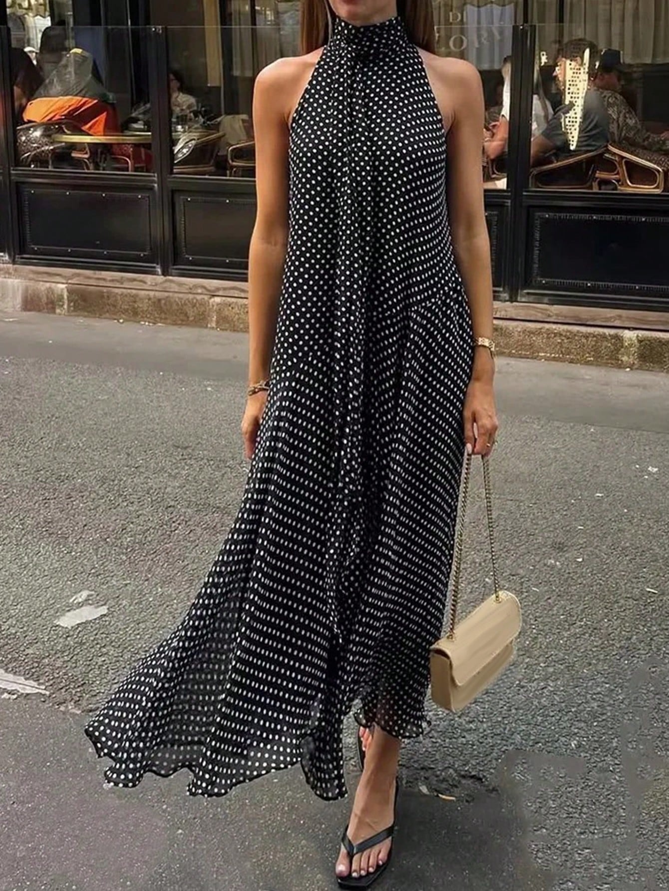 Women's Elegant Vacation Long Polka Dot Dress, Stand Collar Tie-Waist Sleeveless Asymmetric Hem Long Polka Dot Dress, Dotted Sexy Woven Fabric Asymmetric/Asymmetric Tie Vintage Beach Holiday Casual Da