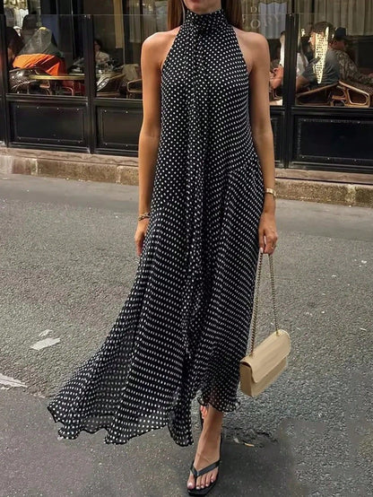 Women's Elegant Vacation Long Polka Dot Dress, Stand Collar Tie-Waist Sleeveless Asymmetric Hem Long Polka Dot Dress, Dotted Sexy Woven Fabric Asymmetric/Asymmetric Tie Vintage Beach Holiday Casual Da