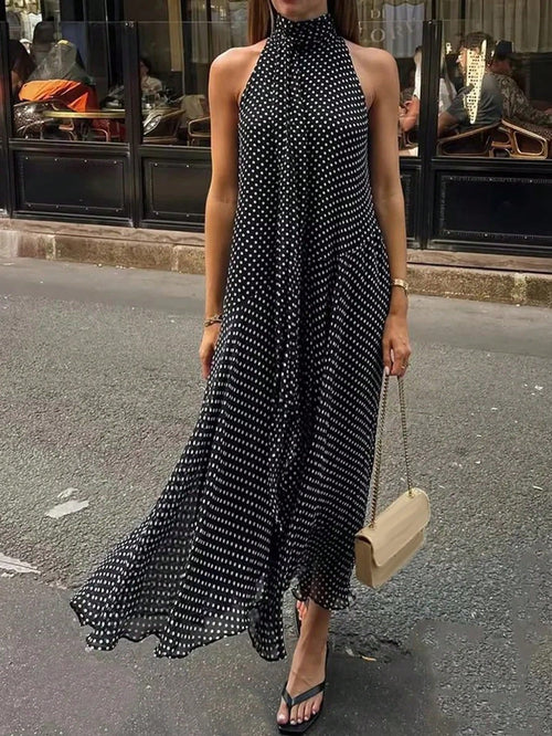 Women's Elegant Vacation Long Polka Dot Dress, Stand Collar Tie-Waist Sleeveless Asymmetric Hem Long Polka Dot Dress, Dotted Sexy Woven Fabric Asymmetric/Asymmetric Tie Vintage Beach Holiday Casual Da