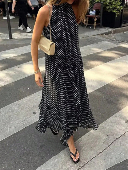 Women's Elegant Vacation Long Polka Dot Dress, Stand Collar Tie-Waist Sleeveless Asymmetric Hem Long Polka Dot Dress, Dotted Sexy Woven Fabric Asymmetric/Asymmetric Tie Vintage Beach Holiday Casual Da