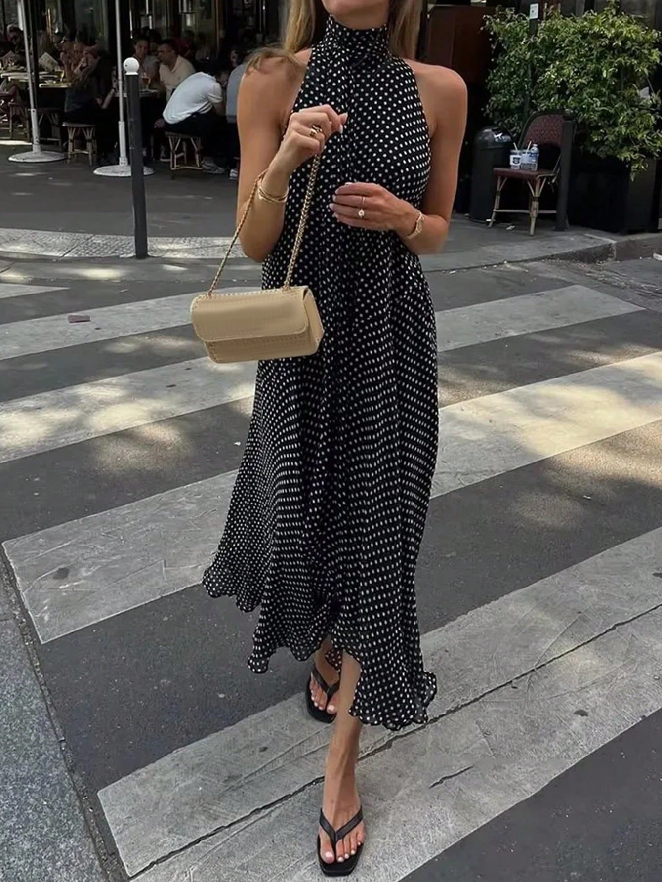 Women's Elegant Vacation Long Polka Dot Dress, Stand Collar Tie-Waist Sleeveless Asymmetric Hem Long Polka Dot Dress, Dotted Sexy Woven Fabric Asymmetric/Asymmetric Tie Vintage Beach Holiday Casual Da