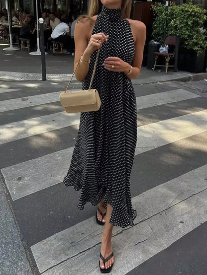 Women's Elegant Vacation Long Polka Dot Dress, Stand Collar Tie-Waist Sleeveless Asymmetric Hem Long Polka Dot Dress, Dotted Sexy Woven Fabric Asymmetric/Asymmetric Tie Vintage Beach Holiday Casual Da