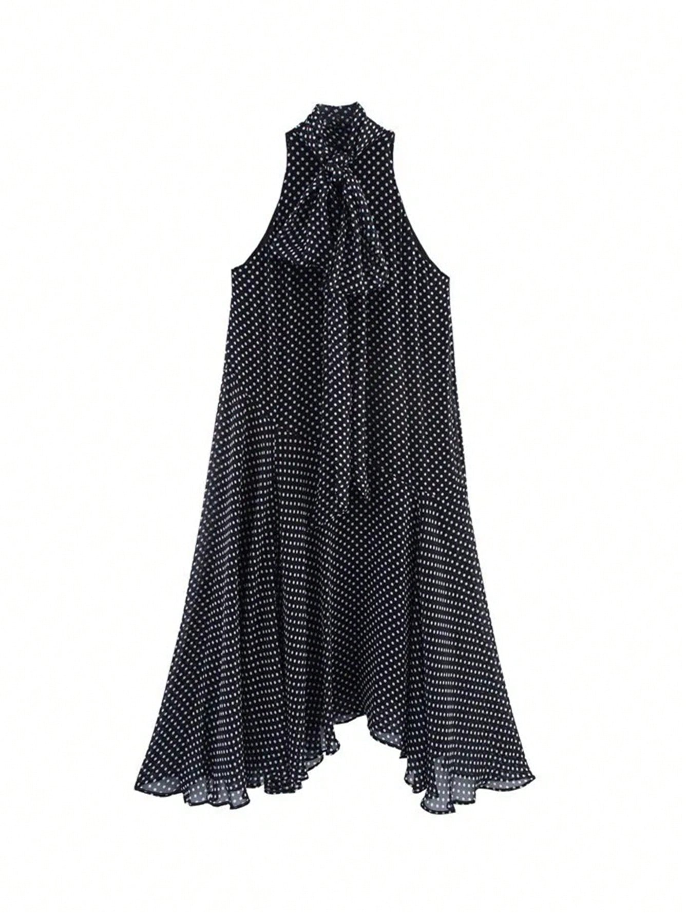 Women's Elegant Vacation Long Polka Dot Dress, Stand Collar Tie-Waist Sleeveless Asymmetric Hem Long Polka Dot Dress, Dotted Sexy Woven Fabric Asymmetric/Asymmetric Tie Vintage Beach Holiday Casual Da