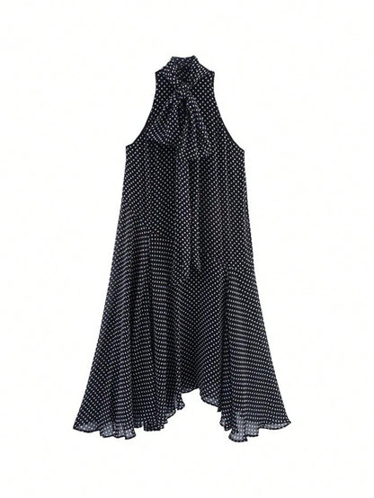 Women's Elegant Vacation Long Polka Dot Dress, Stand Collar Tie-Waist Sleeveless Asymmetric Hem Long Polka Dot Dress, Dotted Sexy Woven Fabric Asymmetric/Asymmetric Tie Vintage Beach Holiday Casual Da