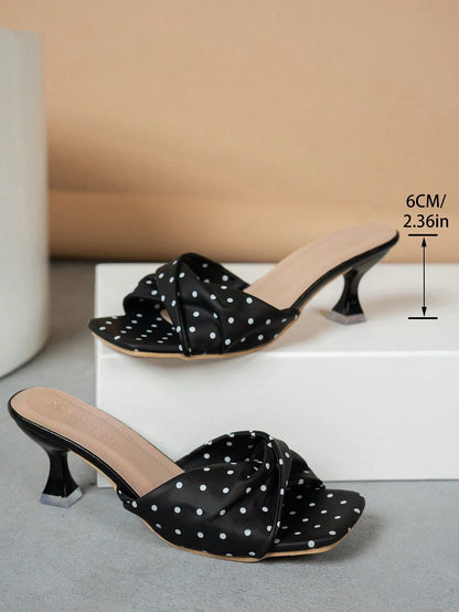 Women's Fashion Square Toe Open Toe Summer Plus Size Polka Dot Pleated Slip-On Elegant Commute Stiletto High Heel Sandals