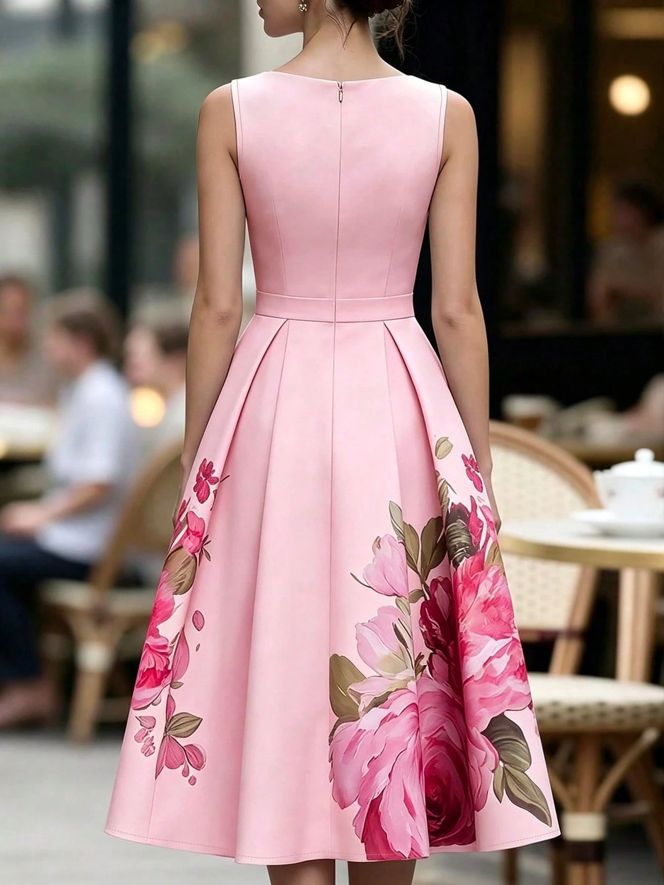 Women's French Elegant Waist-Defining Sleeveless Floral Print Dress, Elegant Party Gown