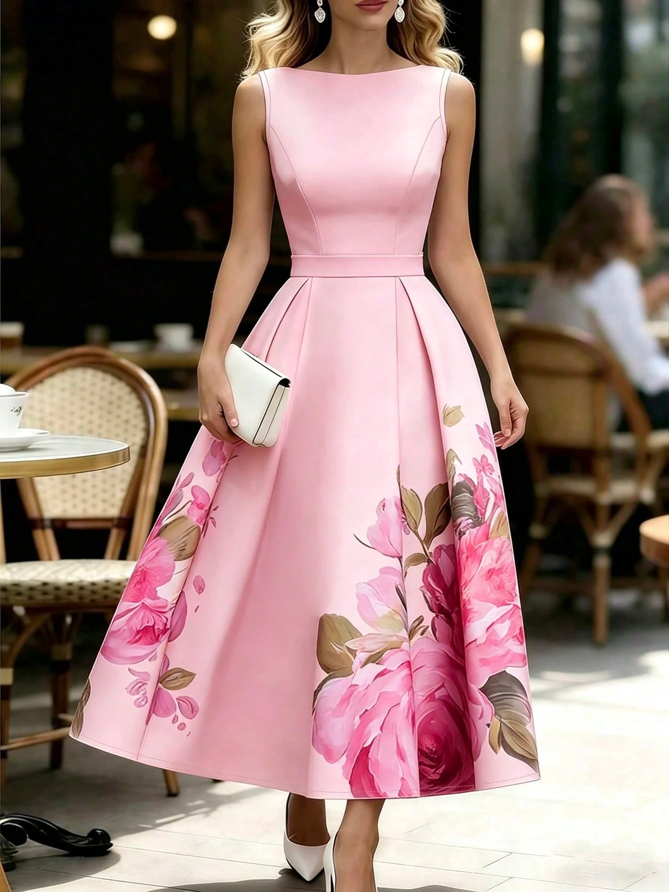Women's French Elegant Waist-Defining Sleeveless Floral Print Dress, Elegant Party Gown