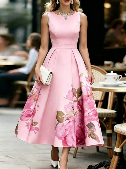 Women's French Elegant Waist-Defining Sleeveless Floral Print Dress, Elegant Party Gown
