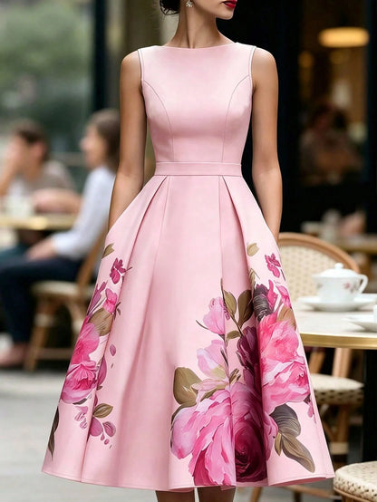 Women's French Elegant Waist-Defining Sleeveless Floral Print Dress, Elegant Party Gown