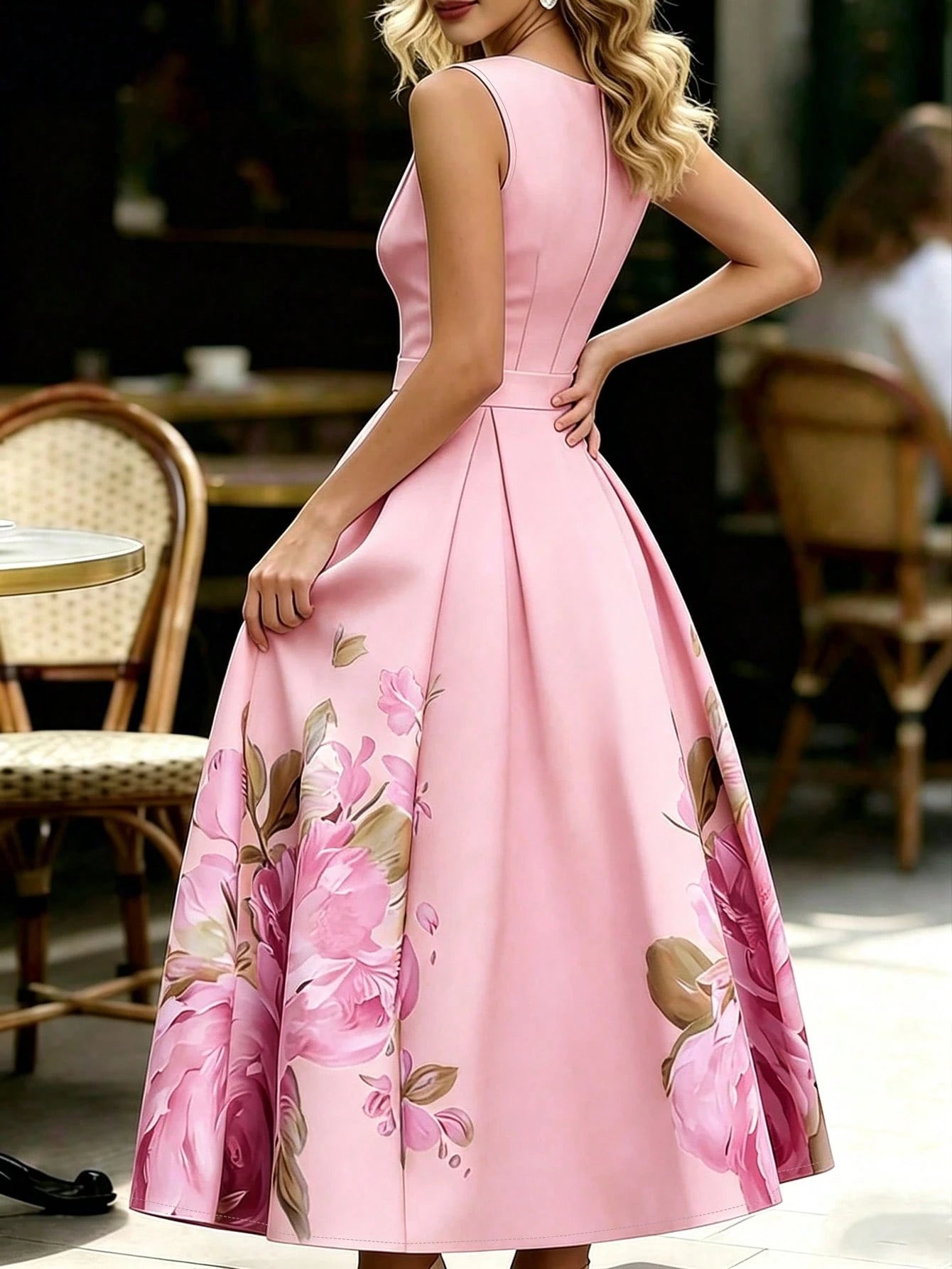 Women's French Elegant Waist-Defining Sleeveless Floral Print Dress, Elegant Party Gown