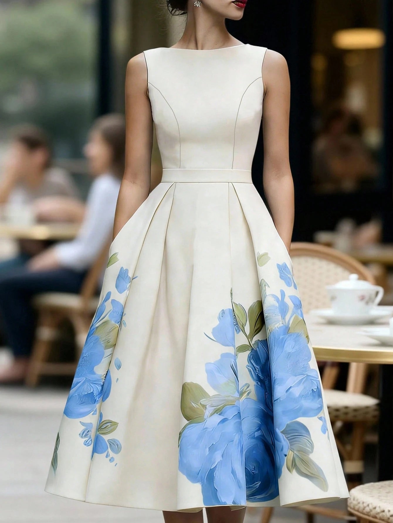 Women's French Elegant Waist-Defining Sleeveless Floral Print Dress, Elegant Party Gown