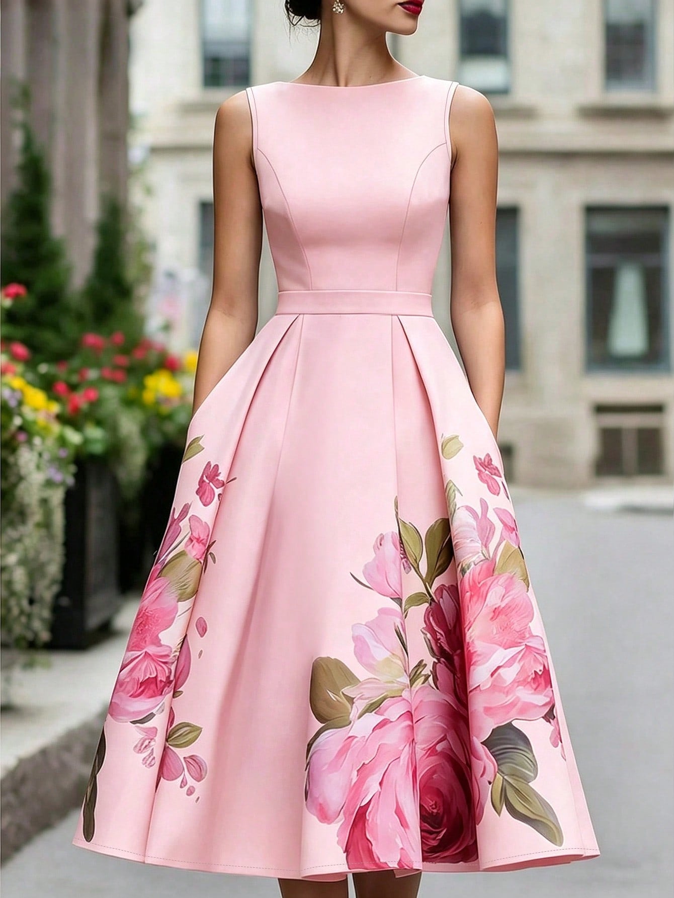 Women's French Elegant Waist-Defining Sleeveless Floral Print Dress, Elegant Party Gown