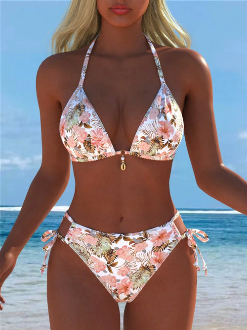 Women's Halter Floral Print Bikini Set, Side Tie Bottoms, Casual Sexy Two Pieces Swimsuit, Suitable For Beach, Festival, Summer Vacation, New Arrival