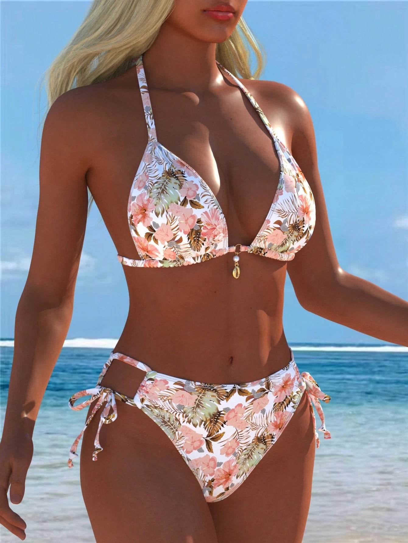 Women's Halter Floral Print Bikini Set, Side Tie Bottoms, Casual Sexy Two Pieces Swimsuit, Suitable For Beach, Festival, Summer Vacation, New Arrival