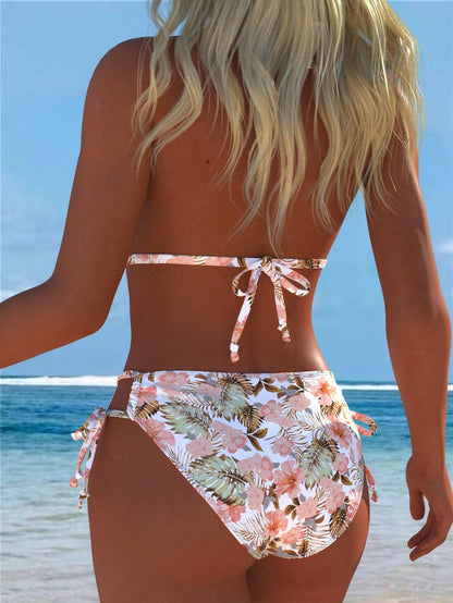 Women's Halter Floral Print Bikini Set, Side Tie Bottoms, Casual Sexy Two Pieces Swimsuit, Suitable For Beach, Festival, Summer Vacation, New Arrival