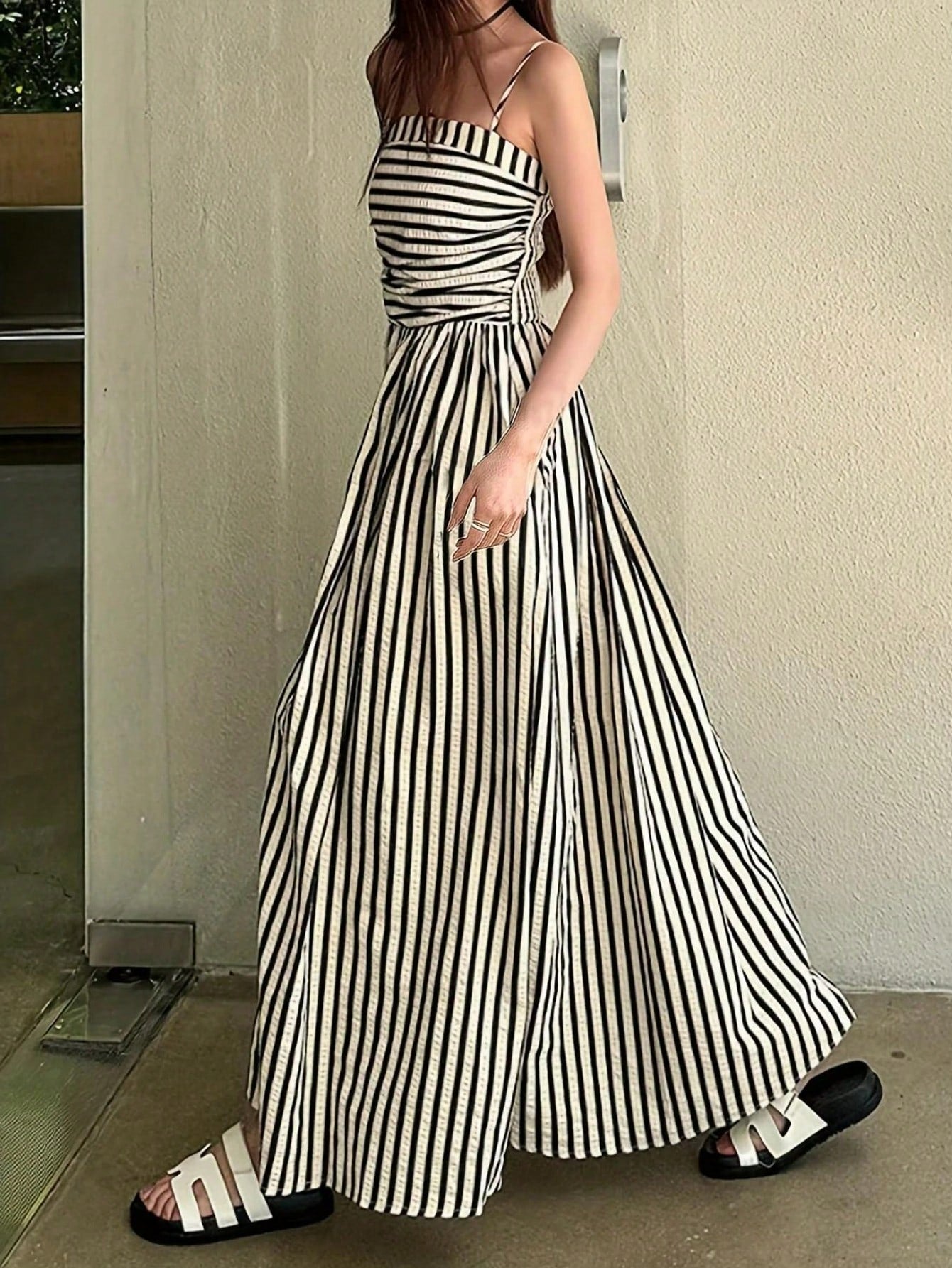 Women's High Quality Striped Print Vacation Dress, Ruched Waist A-Line Dress Black Summer Party Elegant