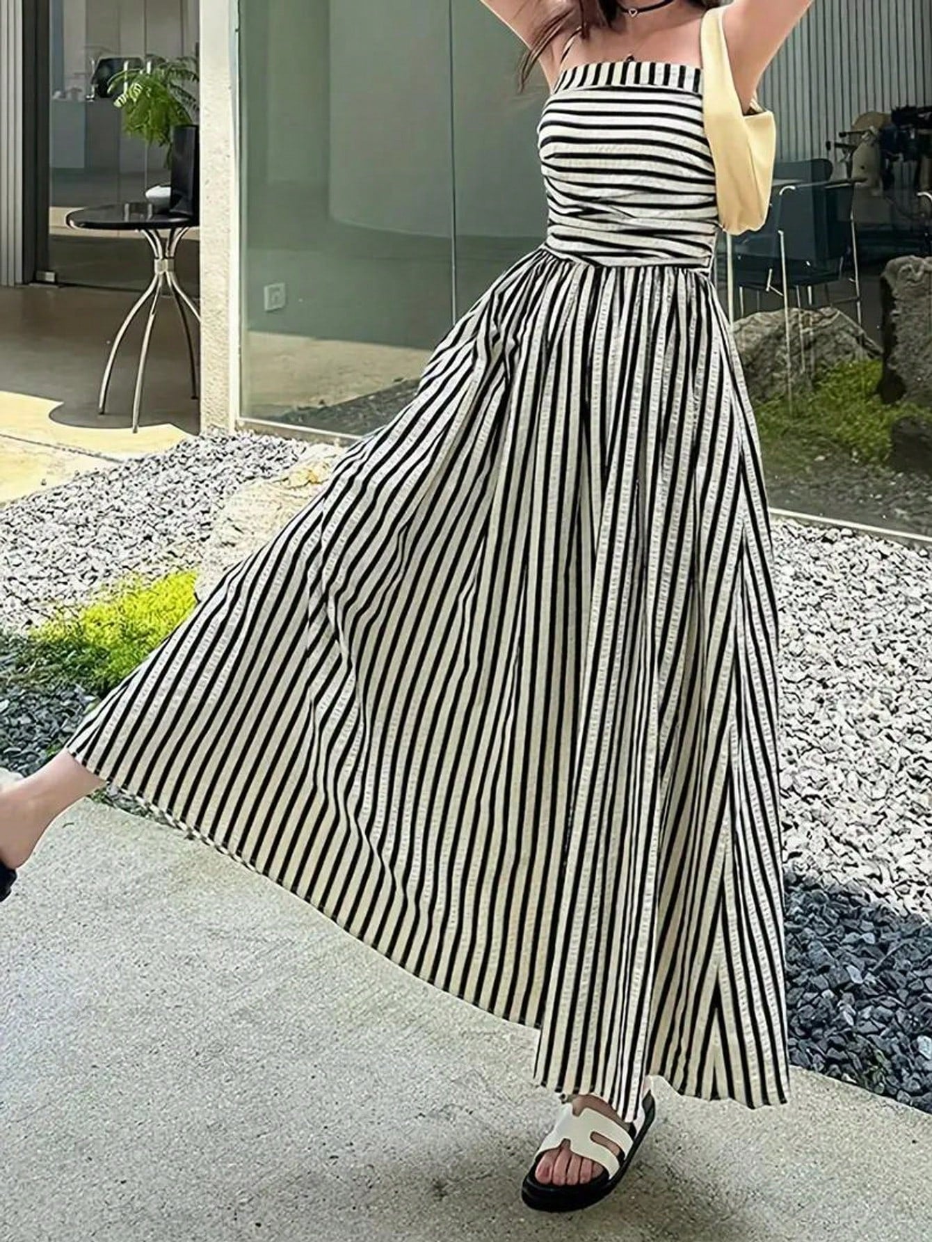 Women's High Quality Striped Print Vacation Dress, Ruched Waist A-Line Dress Black Summer Party Elegant