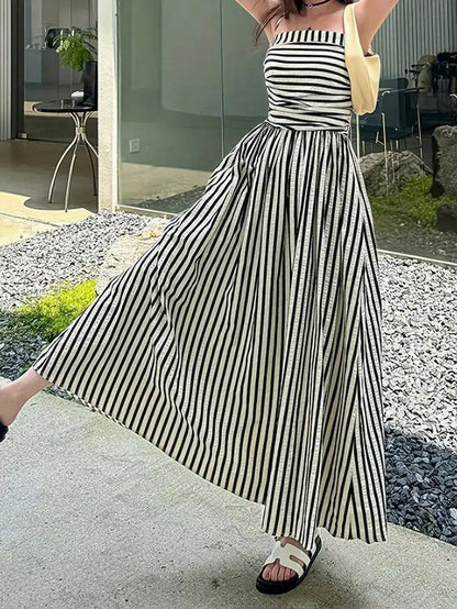 Women's High Quality Striped Print Vacation Dress, Ruched Waist A-Line Dress Black Summer Party Elegant