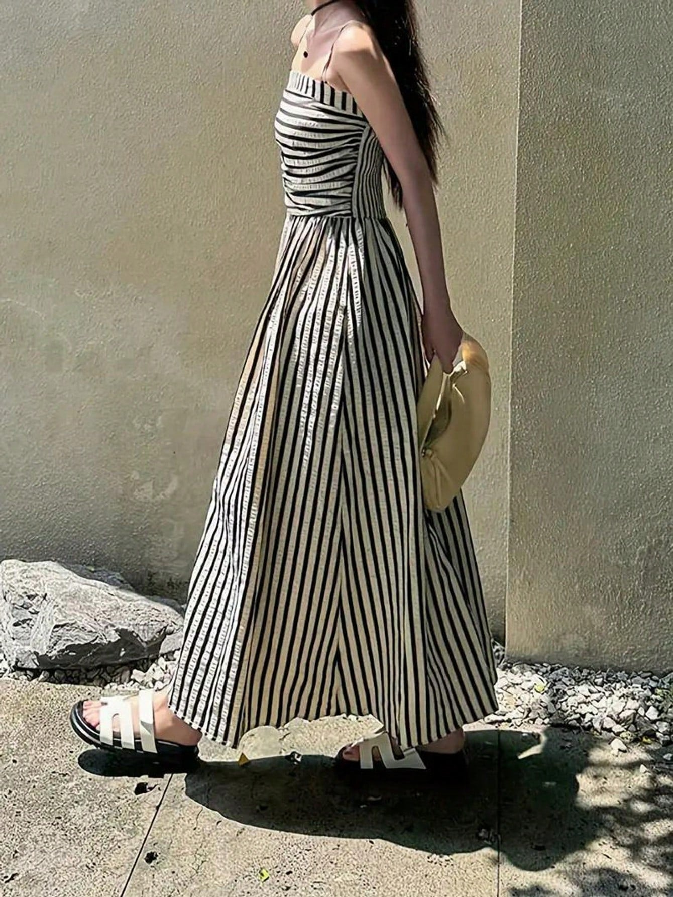 Women's High Quality Striped Print Vacation Dress, Ruched Waist A-Line Dress Black Summer Party Elegant