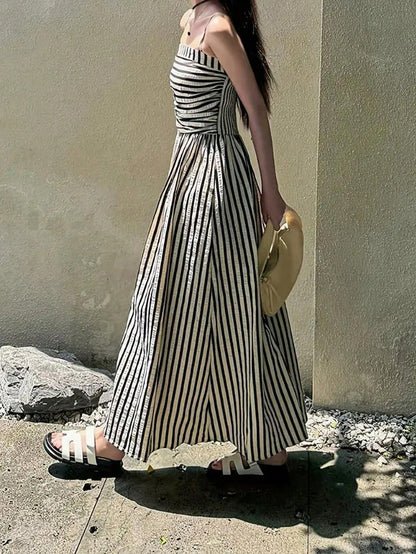 Women's High Quality Striped Print Vacation Dress, Ruched Waist A-Line Dress Black Summer Party Elegant