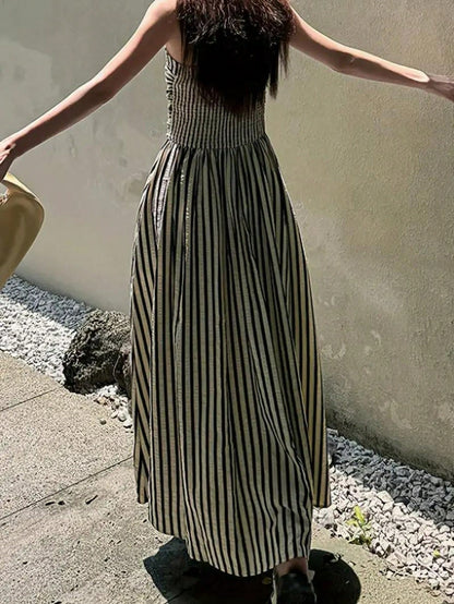 Women's High Quality Striped Print Vacation Dress, Ruched Waist A-Line Dress Black Summer Party Elegant