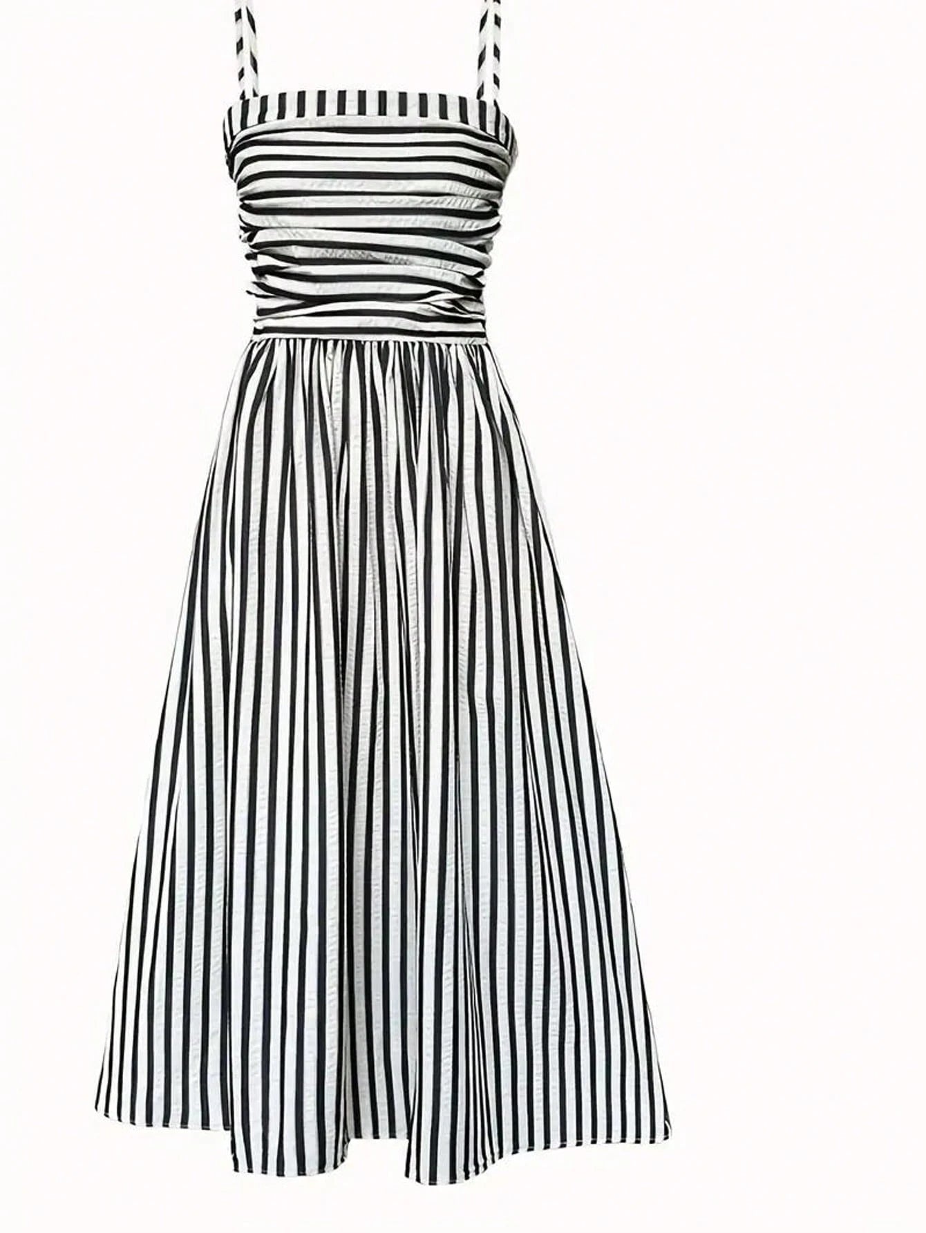 Women's High Quality Striped Print Vacation Dress, Ruched Waist A-Line Dress Black Summer Party Elegant