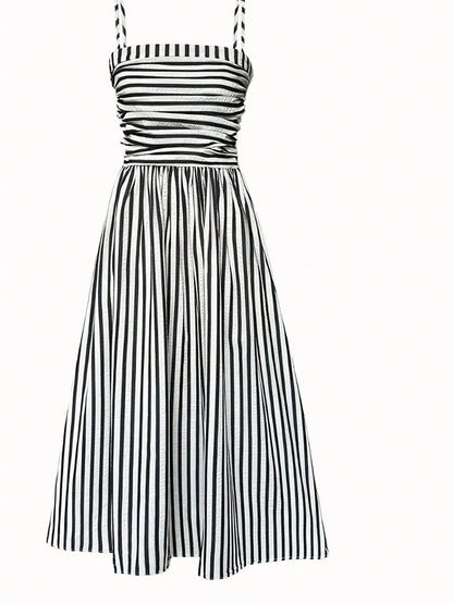 Women's High Quality Striped Print Vacation Dress, Ruched Waist A-Line Dress Black Summer Party Elegant